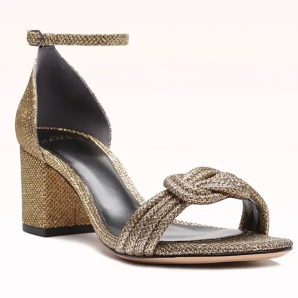 Alexandre Birman Vicky 60 Metallic Gold Bronze Knot Open Toe Block Heel EU 38